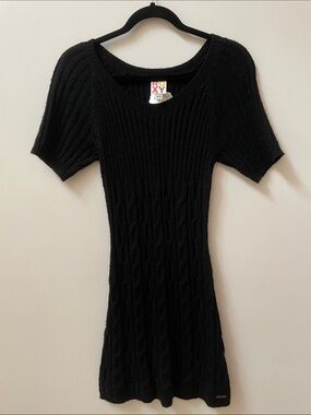 Roxy Black Cable-Knit Scoop Neck Short Sleeve Sweater Dress